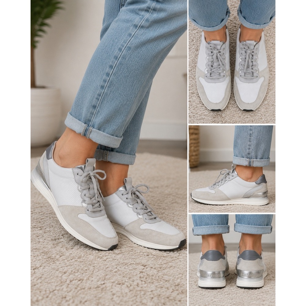 Cole Haan Grand OS Leather Suede Sneakers Gray White Comfort Shoes 7.5 B